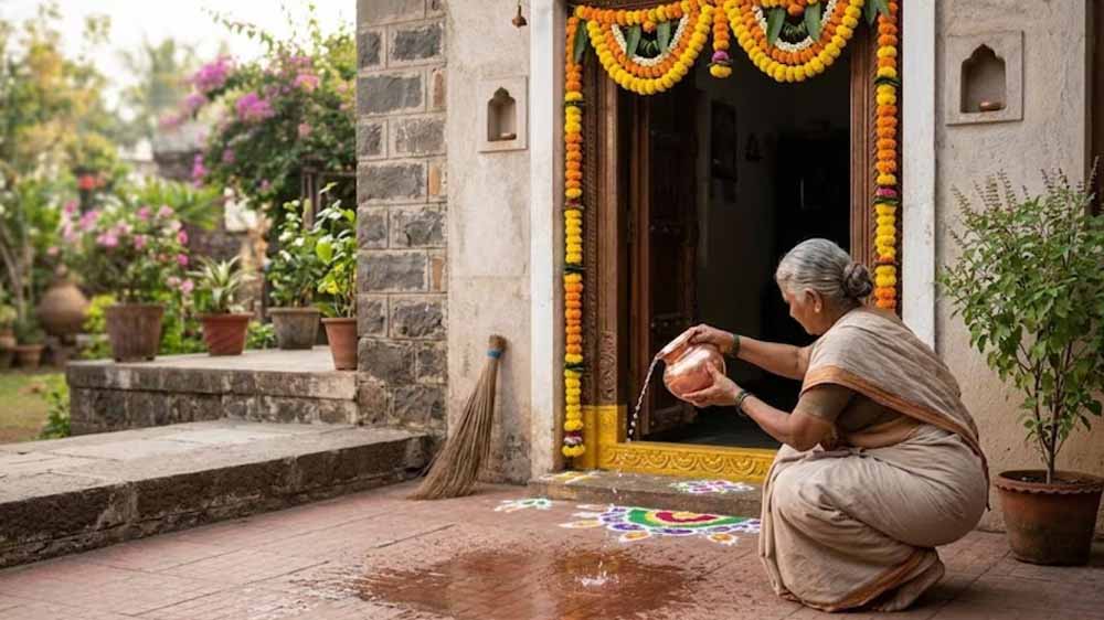 मुख्य द्वार पर जल छिड़काव: वास्तु अनुसार घर में सकारात्मक ऊर्जा बढ़ाने का उपाय