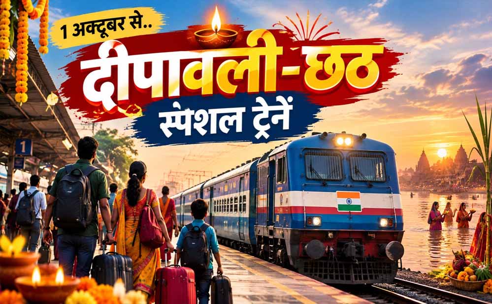 Festival Special Trains: दिवाली-छठ पर रेलवे की बड़ी तैयारी, चलेंगी 1000+ ट्रेनें Festival Special Trains: दिवाली-छठ पर रेलवे की बड़ी तैयारी, चलेंगी 1000+ ट्रेनें