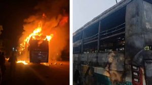 चलती बस में धुआं-बदबू के बाद लगी आग, 9 की मौत; ड्राइवर-कंडक्टर फरार चलती बस में धुआं-बदबू के बाद लगी आग, 9 की मौत; ड्राइवर-कंडक्टर फरार